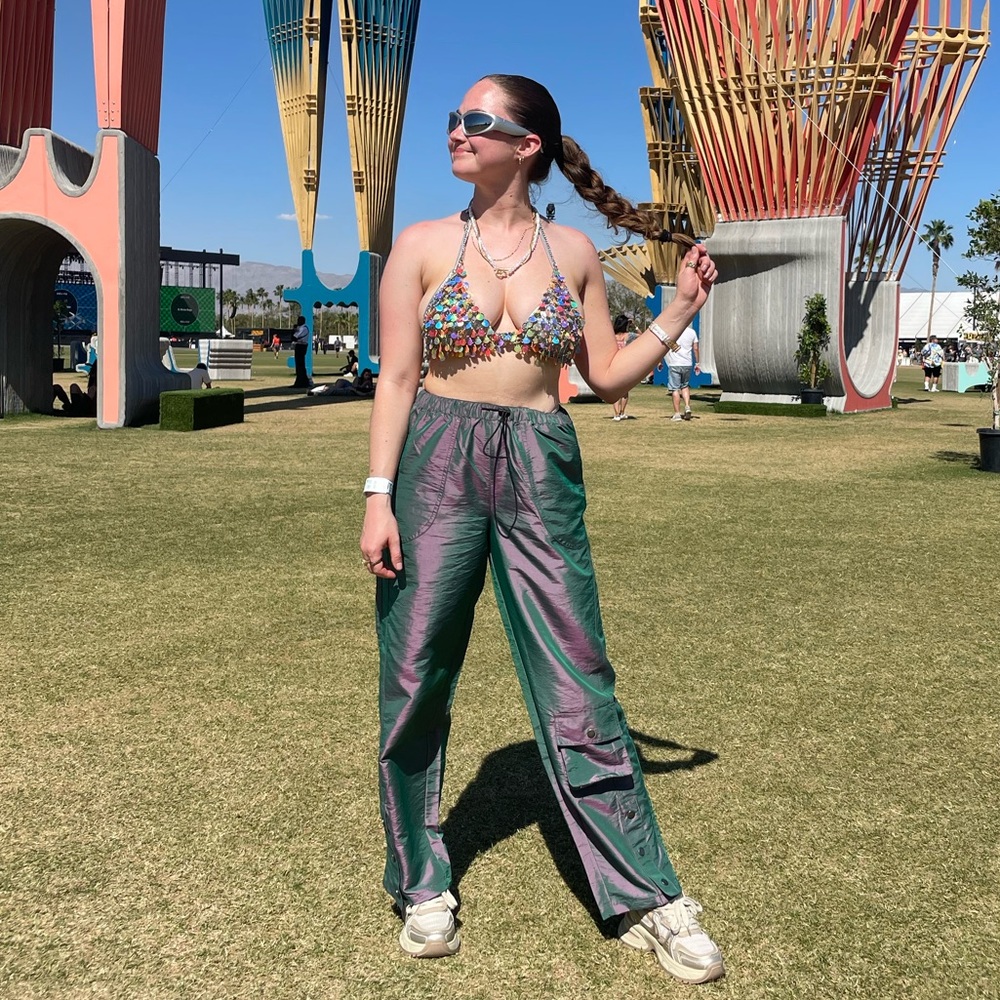 Love, Fire Brand Cargo/Parachute Pants | Holographic Purple & Green | Size M